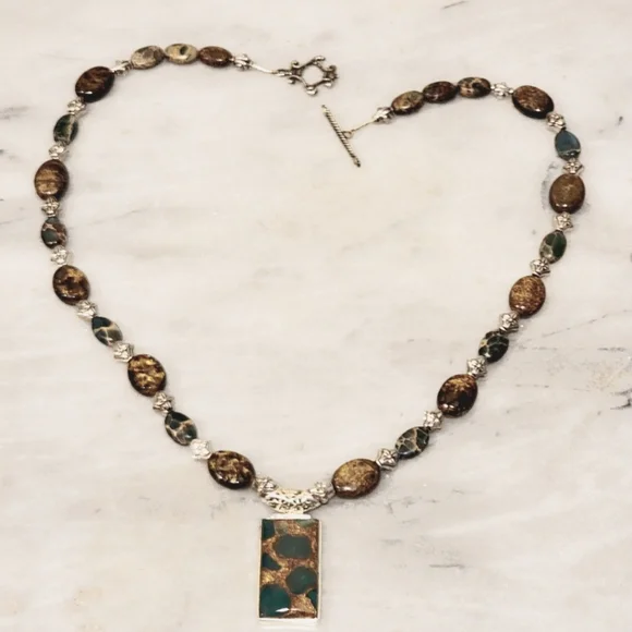 Bronzite Green Onyx Sterling Pendant Necklace 21" - Picture 2 of 7